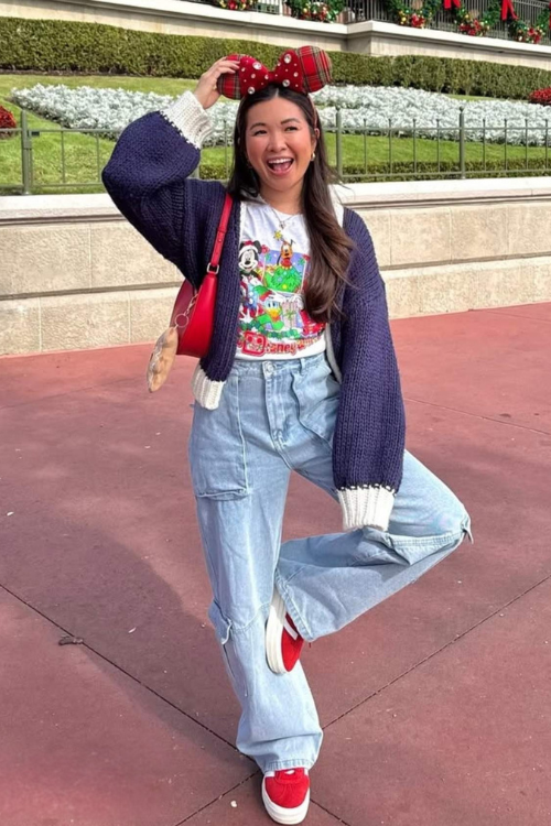 Knit cardigan with Disney tee and cargo jeans