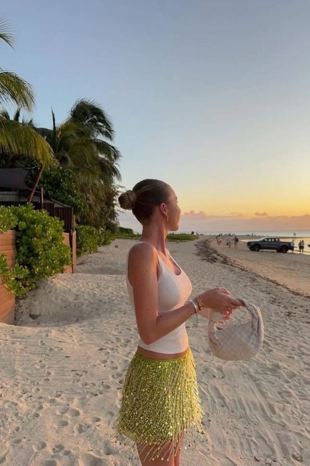 Minimalist cream tank with sequin fringe mini skirt